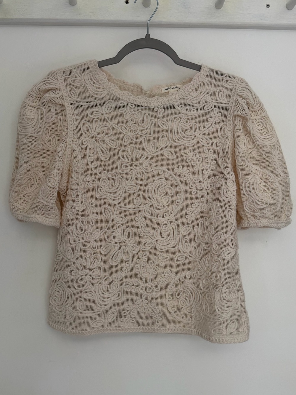 Ultra Pink 100% Cotton Cream Lace Puff Sleeve Semi Sheer Blouse